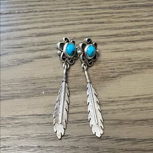 Navajo Sterling Feather Dangle Earrings with Turquoise